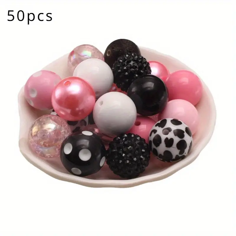 50pcs pink + black and white cow pattern 20MM acrylic large beads DIY mixed color mixed style beaded loose beads combination
