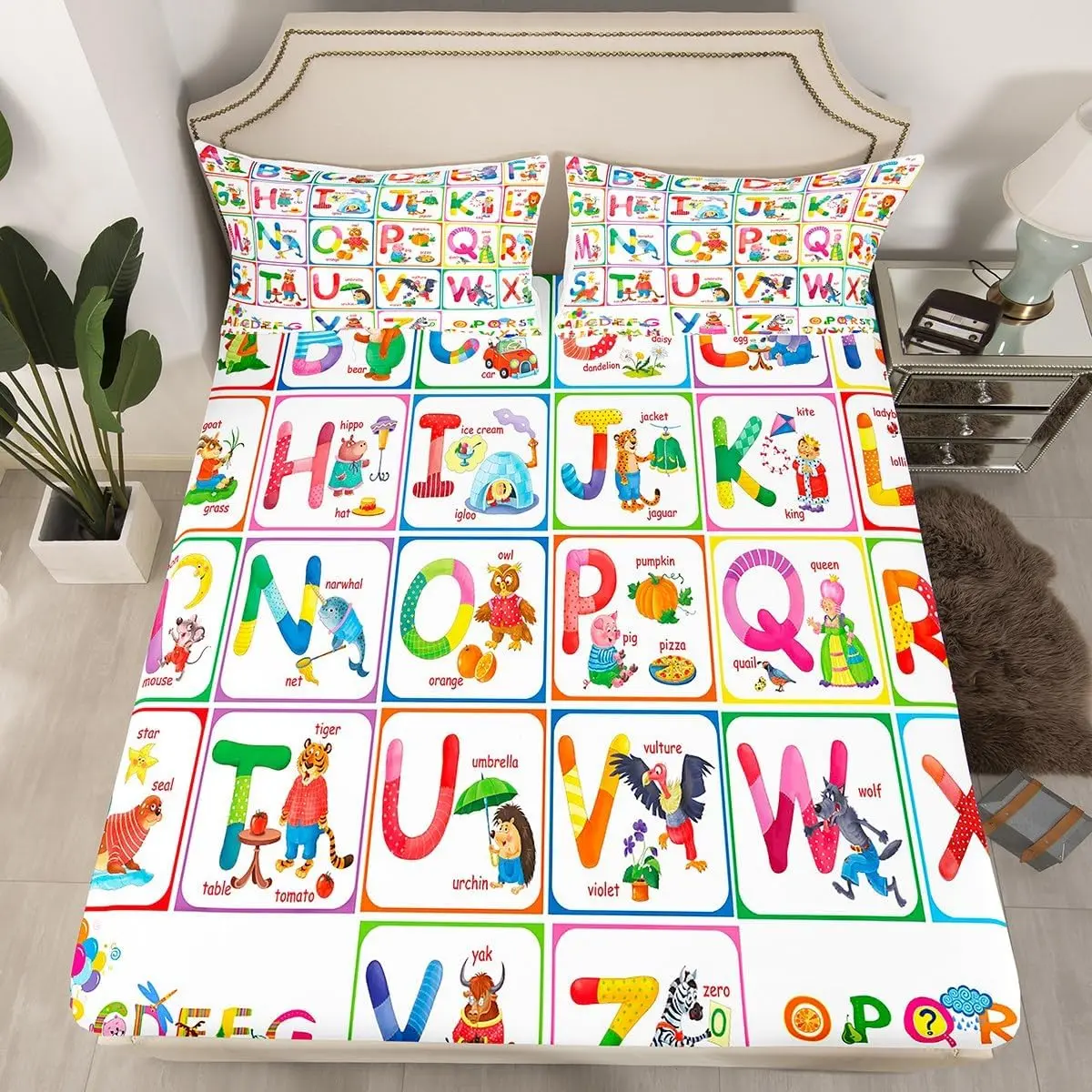 ABC Alphabet Fitted Sheet,Cartoon Zoo Animal Bedding Set Educational Learning Bed Sheet Set Colorful Alphabet Bed Cover (1 and a Fitted Sheet)