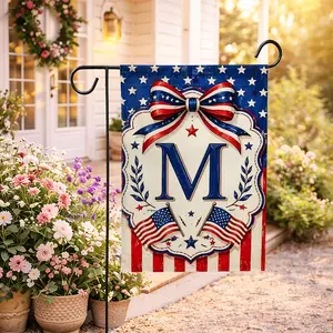 Patriotic Floral Monogram Garden Flag 12x18 Inch Custom Initial Yard Flag Linen Double Sided USA Decor 4th of July Farmhouse Outdoor Summer Gift for Home