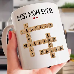 Personalized Best Mom Ever Crossword Puzzle Ceramic Mug - Customizable with Children's Names - 11oz/15oz Sizes - Perfect for Coffee Tea Hot Cocoa - Unique Gift for Mother's Day Birthday Christmas