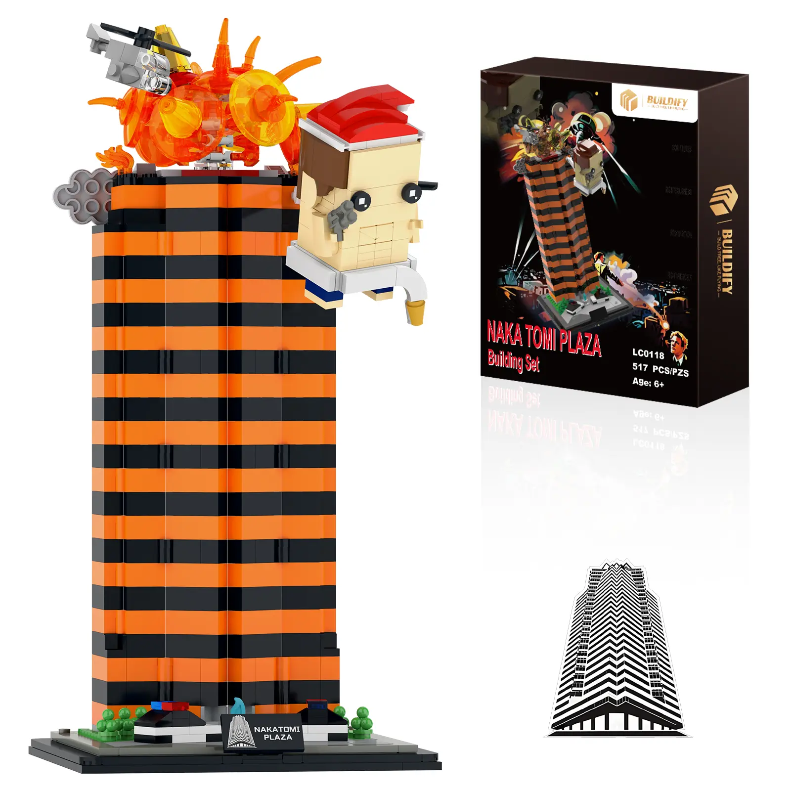 BUILDIFY Naka Tami Plaza Building Set with Lights 517 PCS Collectible Desktop Decor Model Recreates Dramatic Skyscraper Rooftop Explosion Scene for Movie Fans Adults & Kids 8+