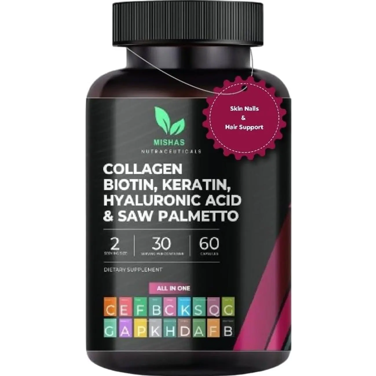 Multi Collagen Hair Pills - Biotin 10,000mcg, Keratin & Hyaluronic Acid - Hair Growth - Hair Skin & Nails Vitamins & DHT Blocker - Vitamin E Folic Acid Pumpkin Seed MSM, Saw Palmetto 60 Vegan Capsules