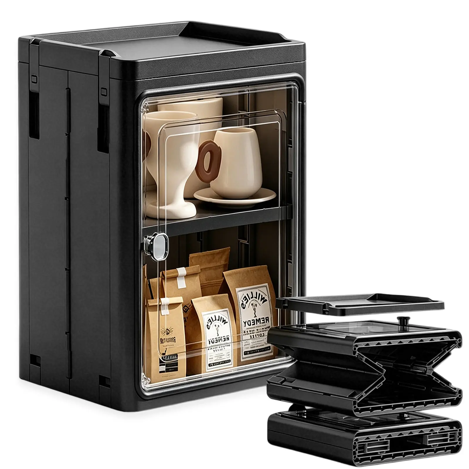 5-Tier Black Collapsible Plastic Storage Cabinets with Lids & Wheels, Stackable Foldable Storage Organizer Boxes 154cm Tall, Space Saving Containers for Living Room, Office and Dormitory