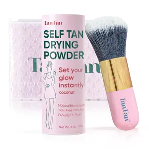 Tan Fan Self Tan Drying Powder Kit – Sets Sunless Tanner, Removes Stickiness with Brush + Pouch, Coconut Scented 3oz, Vegan, Cruelty-Free, USA Made