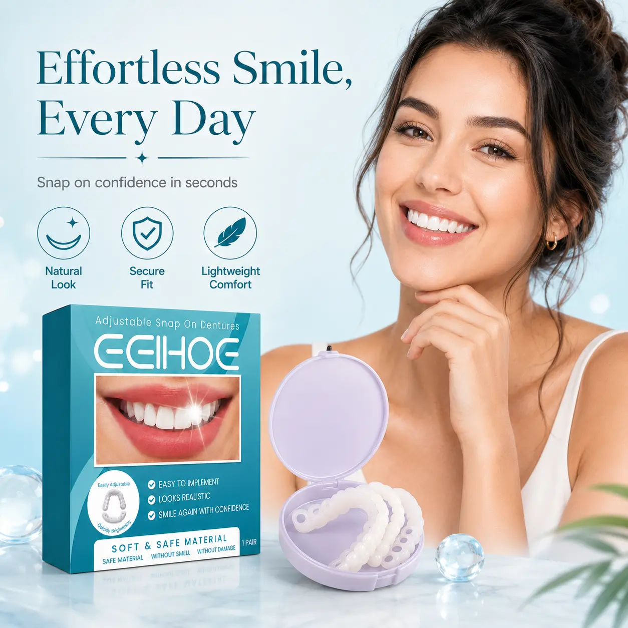 Custom Fit Full Denture Veneer Set for Adults - Oral Natural-Looking Snap-On Teeth Cover, Reusable Whitening Veneers, Comfortable Removable Full Upper & Lower Teeth Replacement Solution