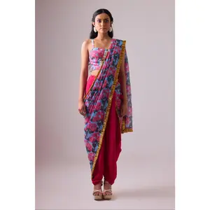 Multicolor kota saree with dhoti pant paired with madras check bralette