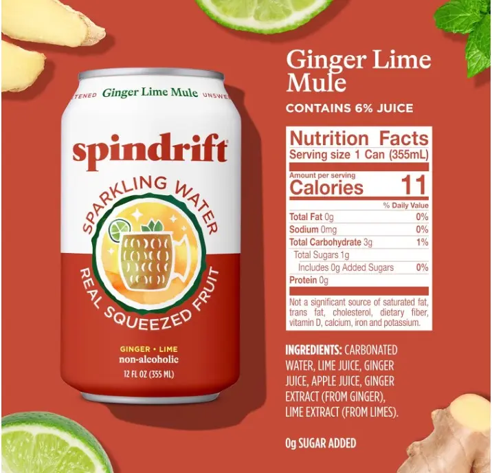 Spindrift Sparkling Water, Ginger Lime Mule Flavored, Made with Real Squeezed Fruit, 12 Fl Oz Cans, Pack of 24 (Only 11 Calories per Can)