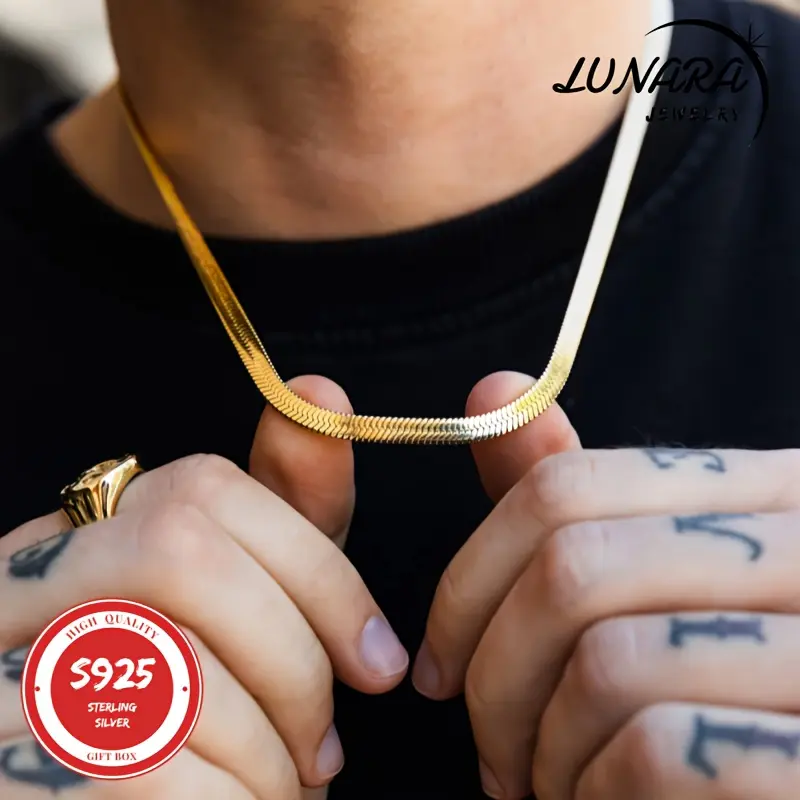 2D Flat - 24K Golden Plated Necklace, 925 Sterling Silver Necklaces, 3.5mm Herringbone Flat Snake Magic Chain Necklace For Women & Men With A Gift Box, Perfect Valentine'S Day Gift