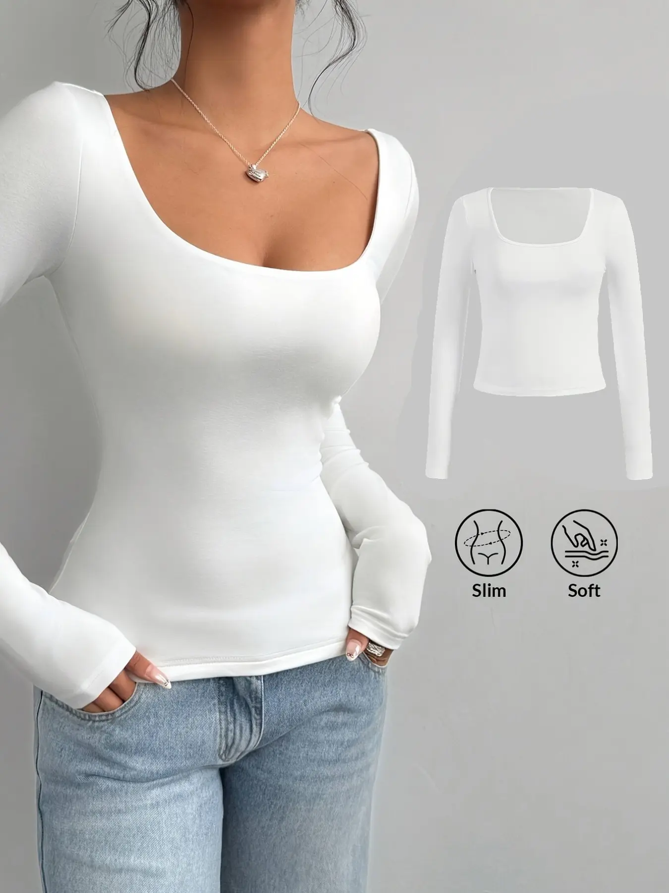 Autumn Long Sleeve Low Round Neck Top Women, Stretch Slim Fitted Sweatshirt, Fashionable Lightweight Basic T-Shirt