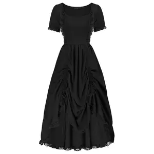 Gothic Cottage Dress - Black Square Neck Short Sleeve Maxi Dress with Lace Trim Details