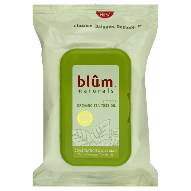 Blum Makeup Remover Wipes, 30-Ct Tea Tree Oil Facial Dry Wipes, Gentle Cosmetics Cleanser for All Skin Types, Daily Soothing Cleansing Towelettes, Facial Dry Wipe