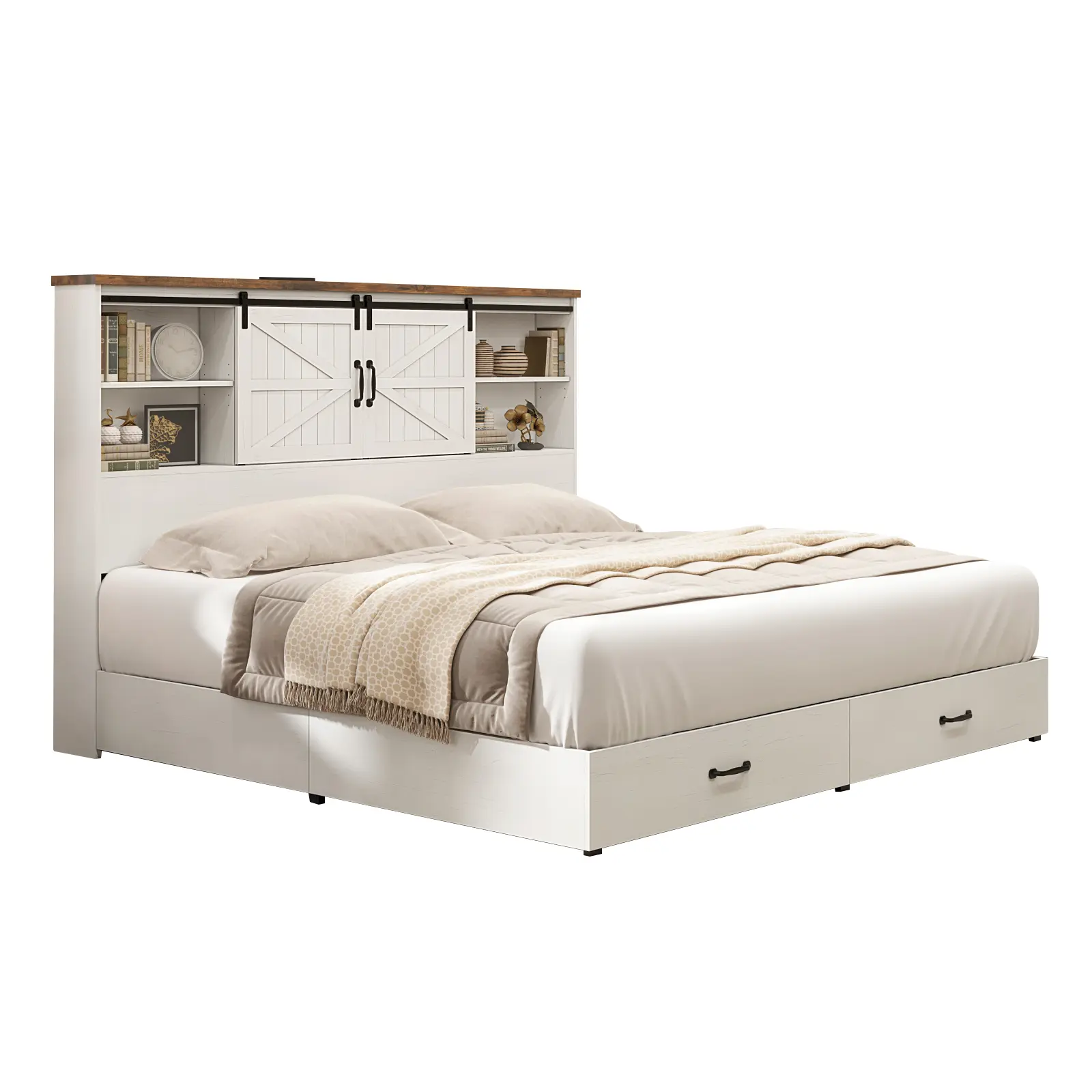 Amerlife Wooden King Size Platform Bed Frame - 51.2" Bookcase Headboard, Sliding Barn Door, 2 Integrated Storage Drawers, Charging Station, No Box Spring Needed, Modern Farmhouse Built-In Storage Bed, Ideal Christmas Gift, Wooden Bed Frame, King Size Beds
