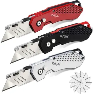 3-Pack Heavy Duty Box Cutter Folding Utility Knife With Zinc Alloy Body, Quick Change Blades, Lock-Back Design, Extra 12pc Blades For Cartons, Cardboard and Boxes