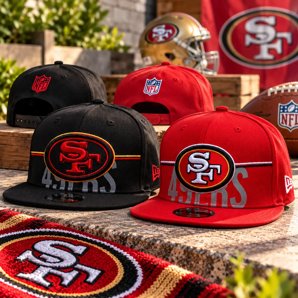 Sf 49ers Black & Red Snapback Hats – Embroidered SF Logo Flat Brim Caps, Adjustable Football Fan Streetwear