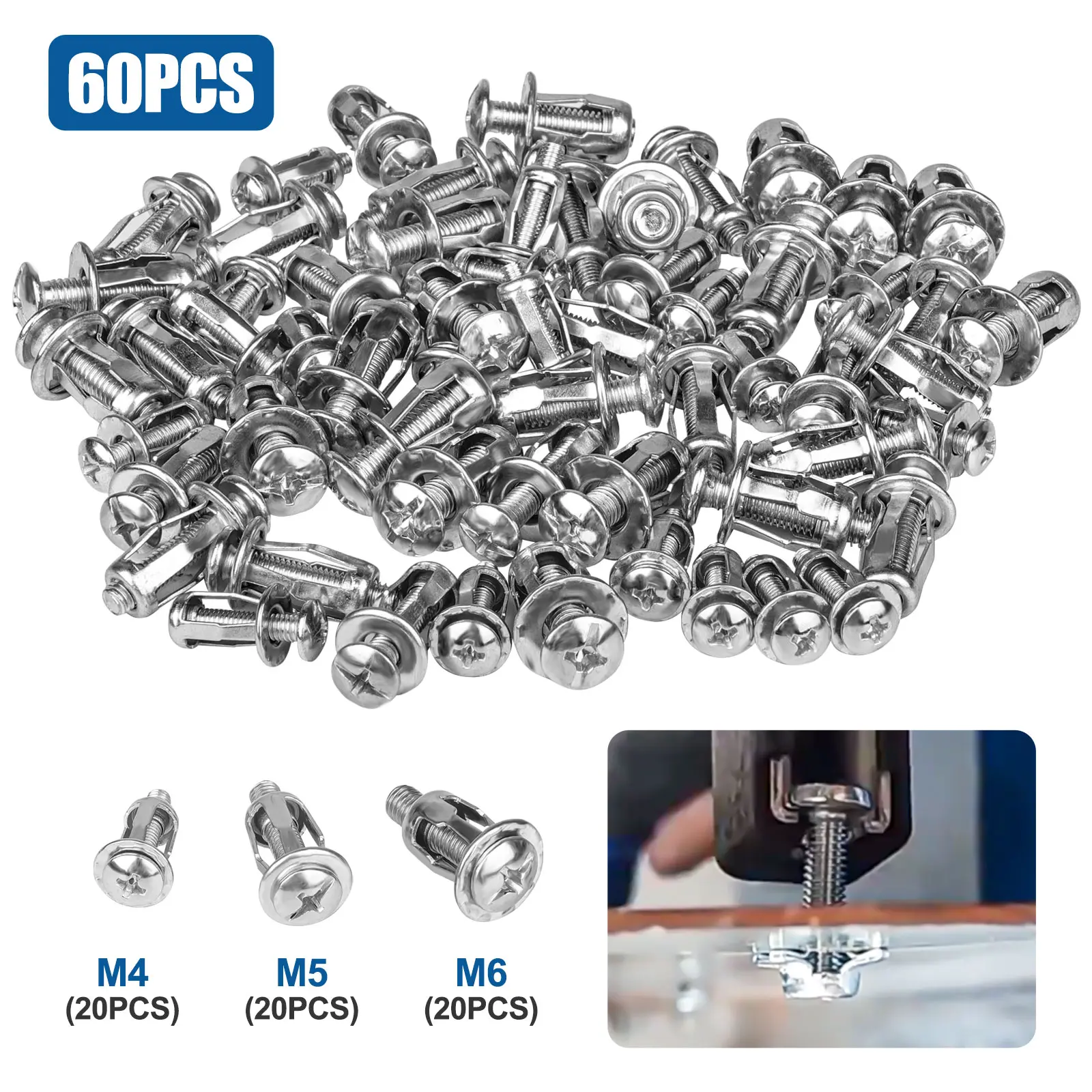 60Pcs Alloy Steel Expansion Screw Nuts Set - M4/M5/M6 Petal Shaped Rivet Nuts,Jack Nuts with Screws,Self-Locking Fasteners for License Plates Billboards