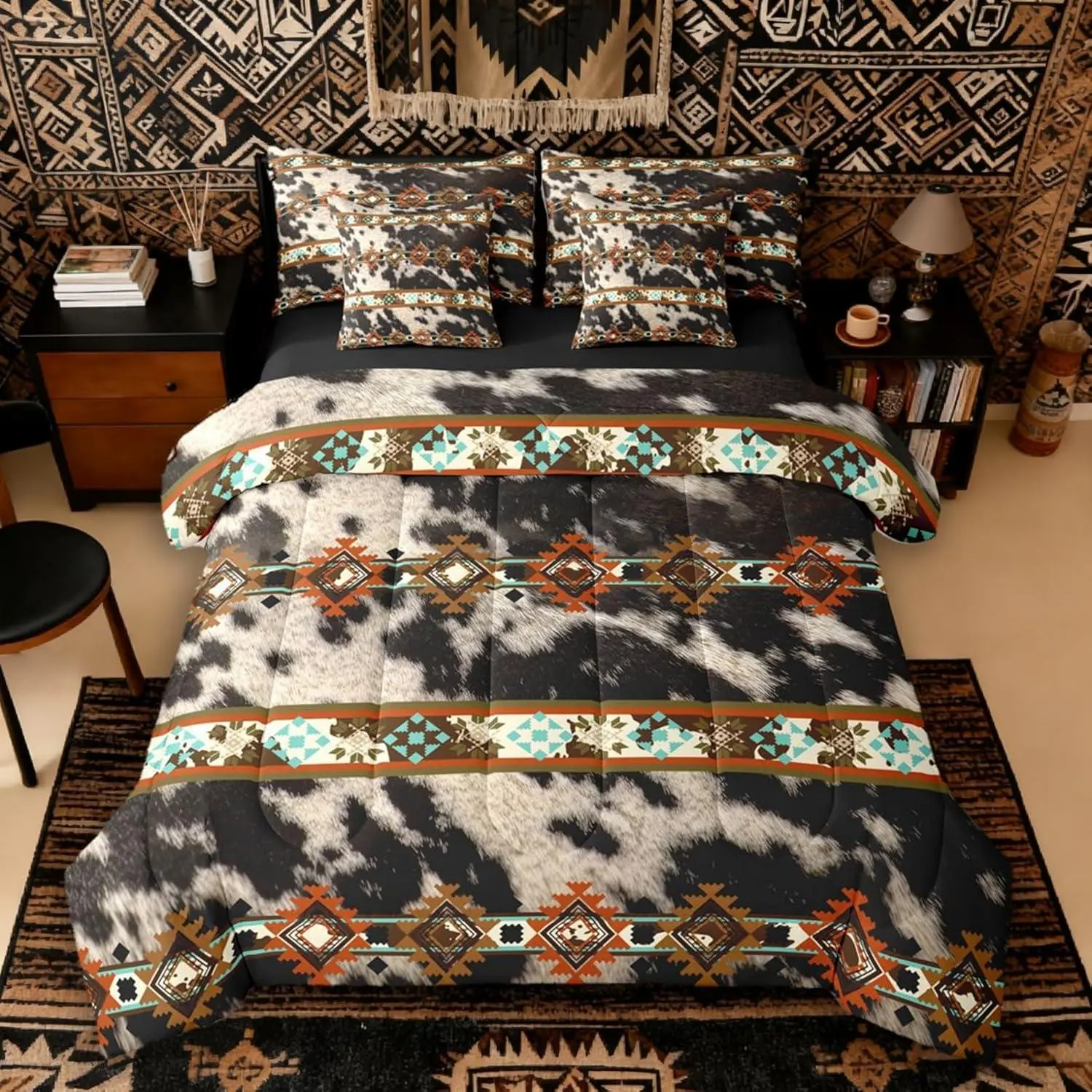 Cowhide Western Comforter Set with Sheets | Brown Highland Cow Print 7-Piece Bedding Set Exotic Aztec Diamond Farm Animals Bed in a Bag,Bull Cattle Skin Bed Sets,Cowboys Gifts Men