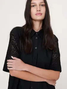 Eyelet Trapeze Maxi Shirt Dress Color Black With Embroidery