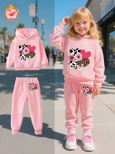 Girls' Fall Winter Fleece Set, Heart Leopard Floral Love Print Hoodie Jogger Pants Casual Warm for Kids Daily Wear School Activities, Casual Outfit Set