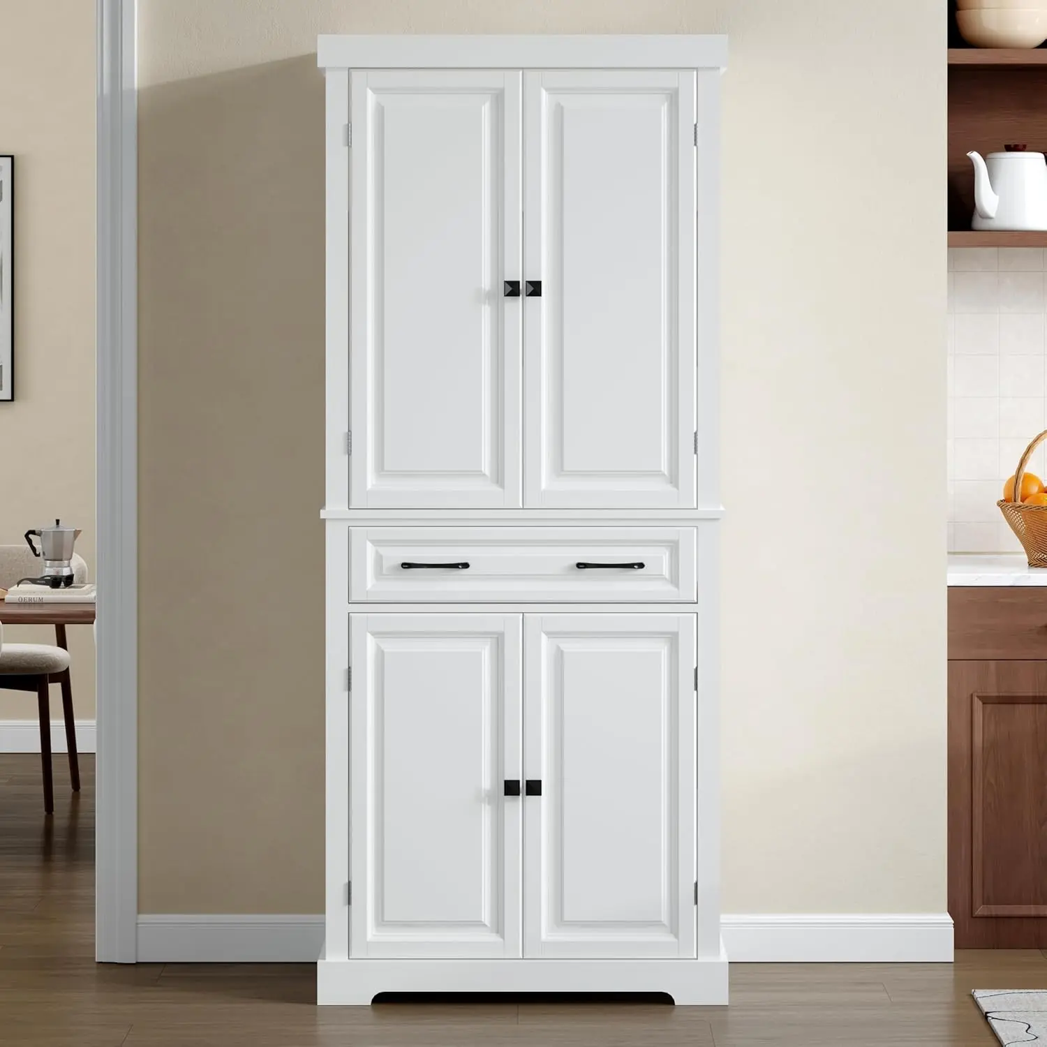72" Tall Kitchen Pantry Cabinet, White Wooden Kitchen Cabinet with Drawer, Adjustable Shelves & Anti-Tip Device, Freestanding Pantry Storage Cabinet for Kitchen Dining Room