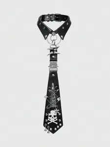 Y2K Punk Style Rivet Zipper Metal Skull Letter Print Unisex Tie, Gothic Dark Accessory, Unique Personalized Decoration