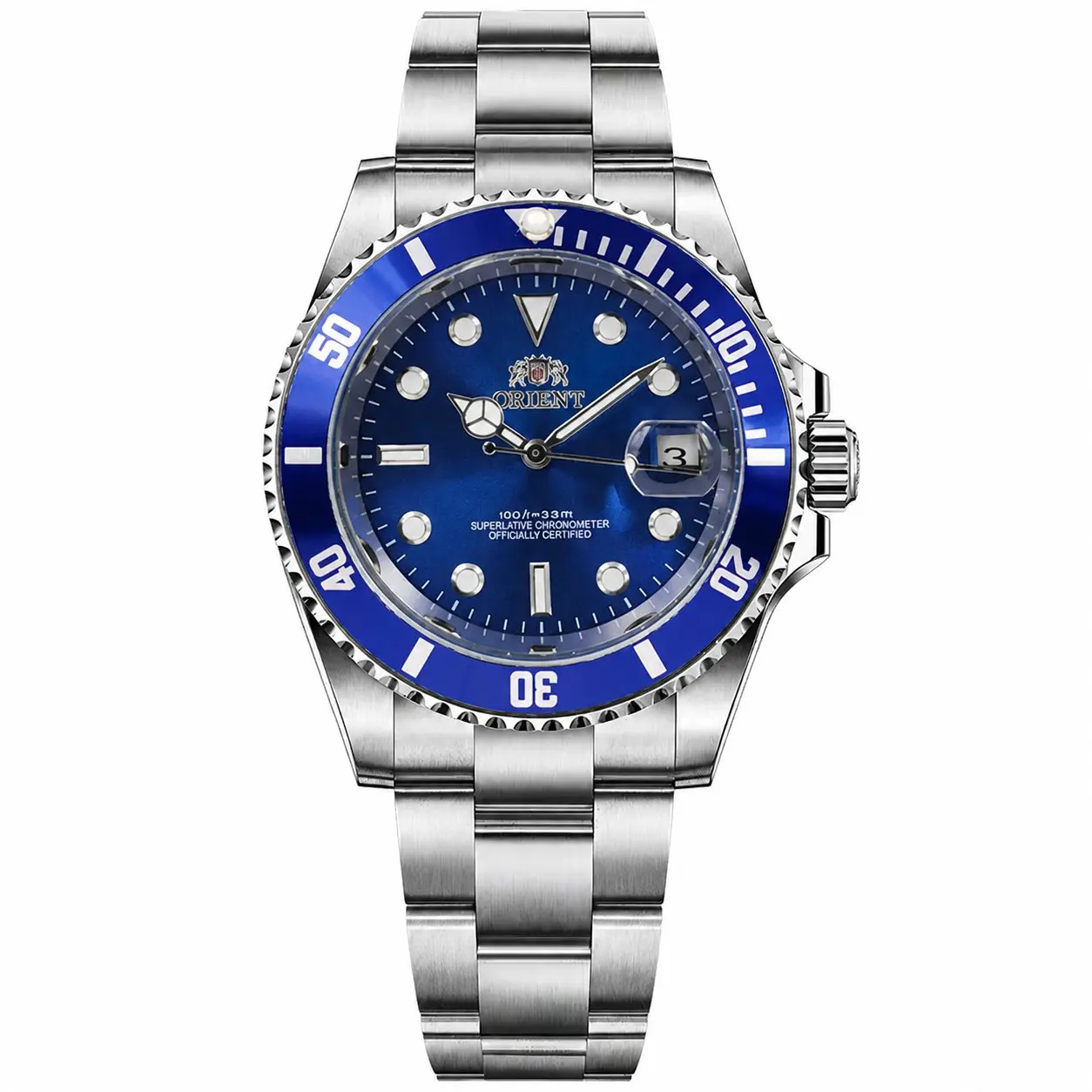 Authentic men diver watch, 300m professional waterproof for swimming and daily splashing. Blue dial with date window, rotating timing bezel, stainless steel bracelet, precise certified movement, premium gift choice for water sports lovers