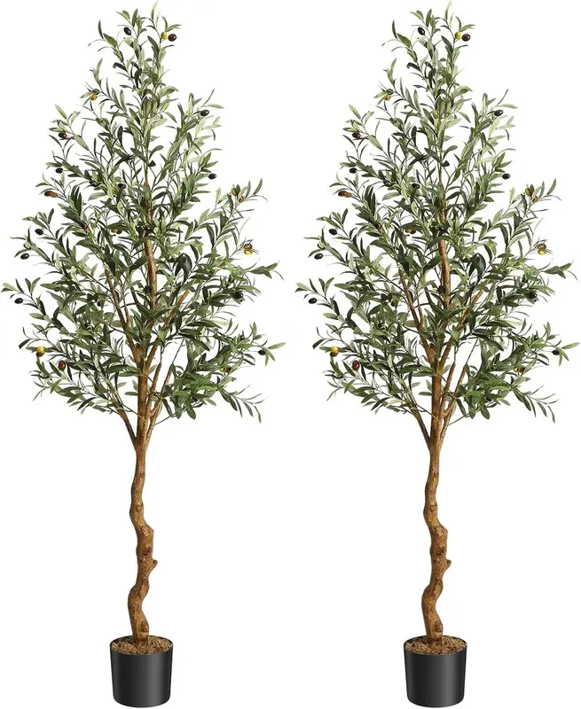 6ft Lifelike Artificial Olive Tree - Waterproof Silk Plants with PE Trunk, Silk Leaves & Fruits, Botanical Fruit-Bearing Long-Stem Sculptural Artificial Tree for Home Office Home Decor, Long-Stem Artificial Trees