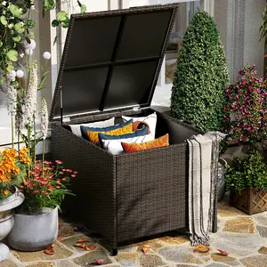80-Gallon Wicker Deck Box - Outdoor Storage Bench with Wheels & Lid, Waterproof Rattan Patio Storage Bin for Cushions, Pillows, Pool Toys - Fits Balcony, Garden, Yard