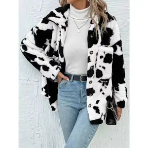 Cow Print Collared Neck Button Up Fuzzy Jacket