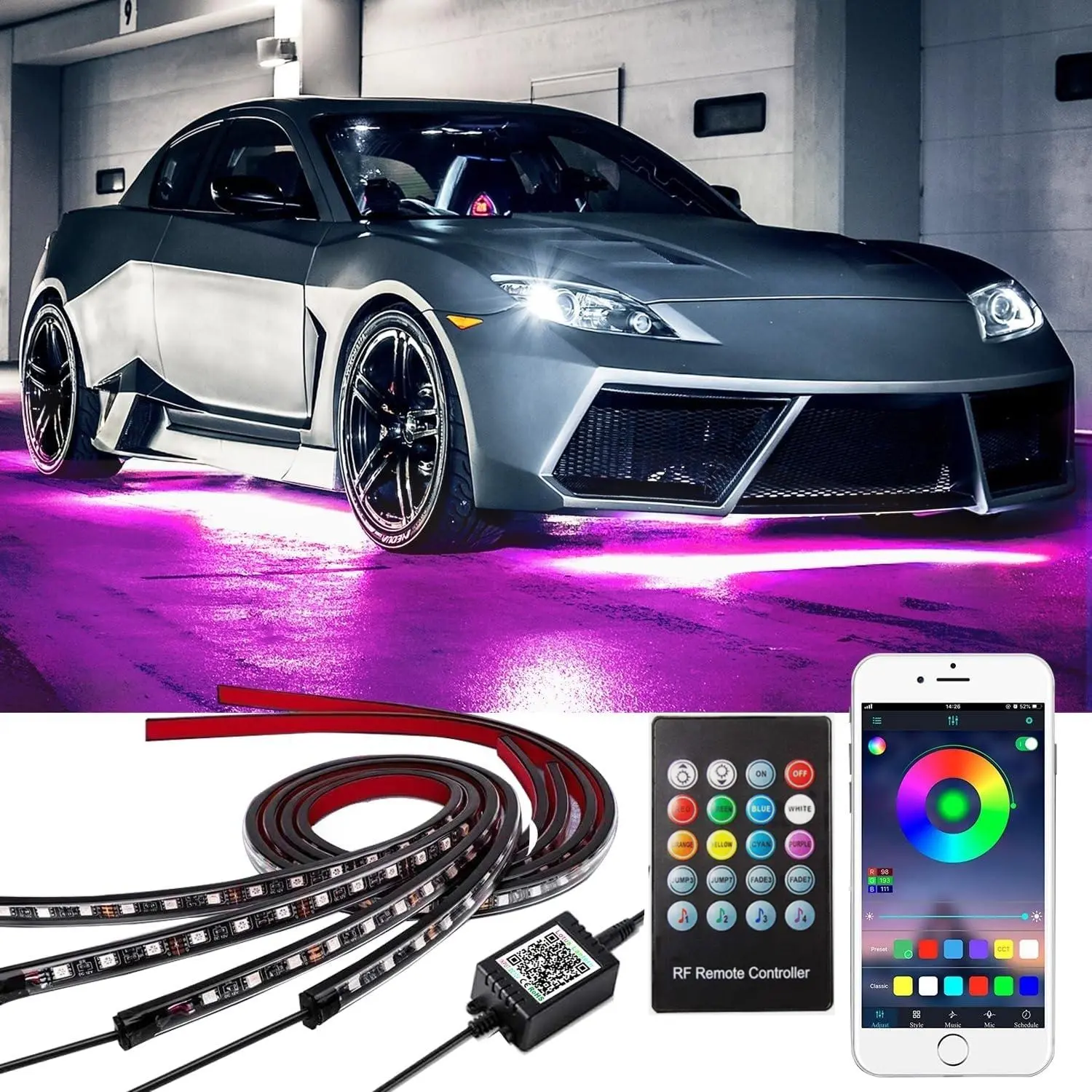 4PCS Car Underglow Lights, 16 Million Color RGB APP Controlled Neon Light Strip, Waterproof Exterior Car Lights with Music Sync, DC 12V for Cars, Trucks, SUVs