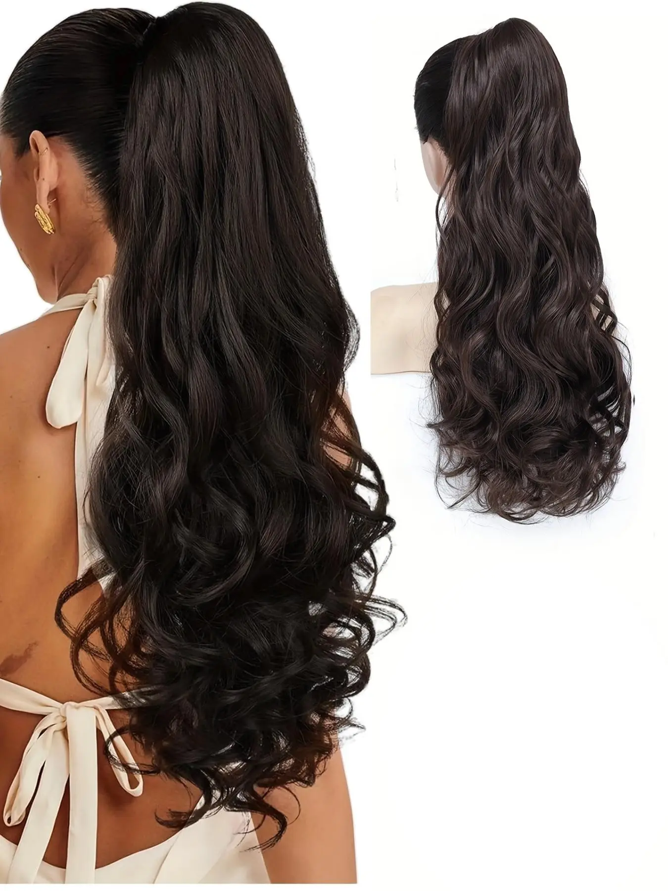 Women's Long Wavy Ponytail Extension, Dark Drawstring Hairpiece for Daily Wear, Synthetic Fiber Wig Accessory, Synthetic Extensions