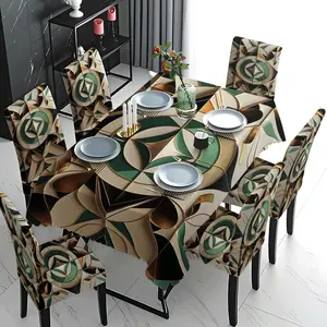 5/7 Pcs 2D Flat Modern Geometric Abstract Tablecloth Chair Covers Set, Green Gold Beige Art Deco Print, Stretch Chair Slipcovers Washable Removable Dining Chair Slipcover, Luxury Elegant Home Dining Banquet Decor