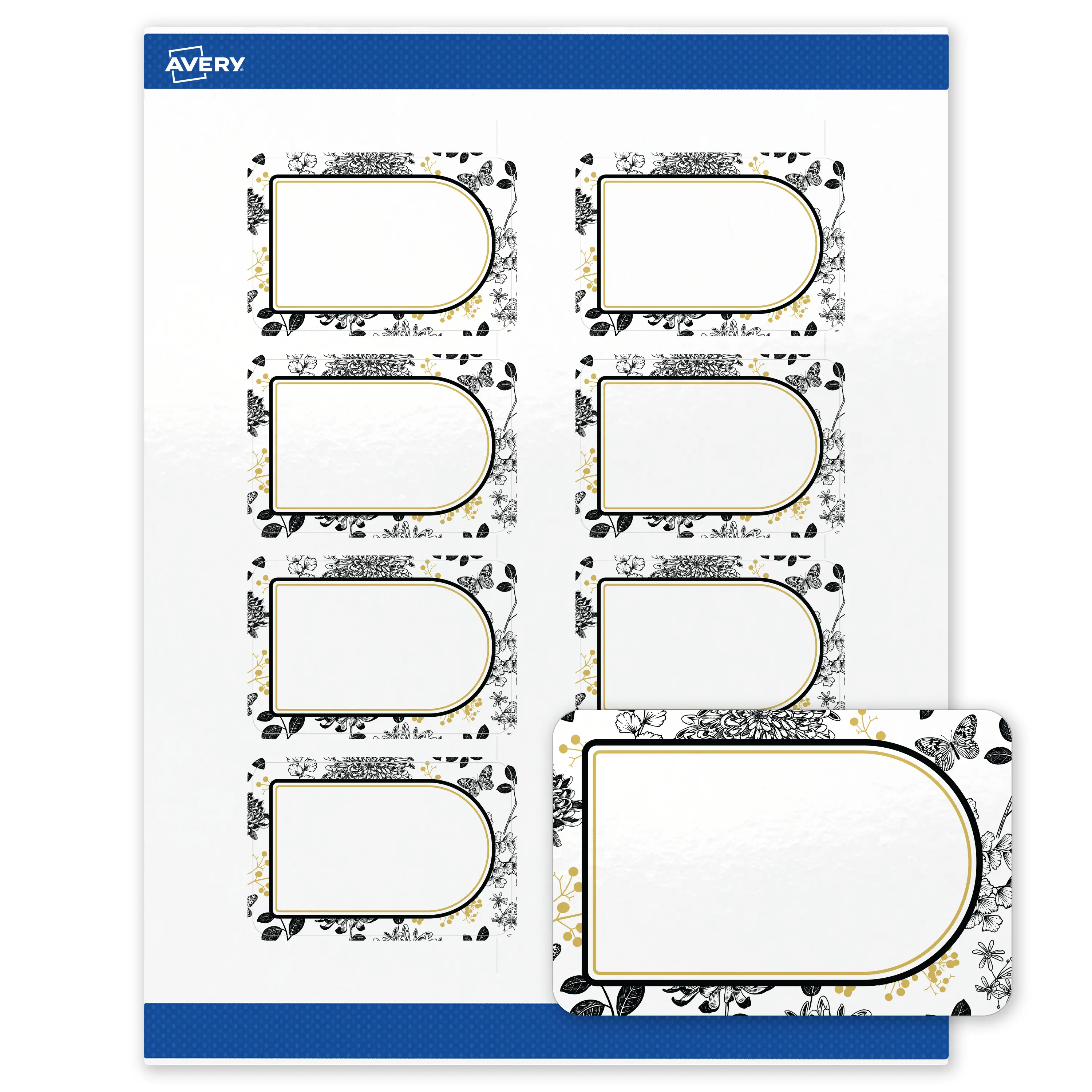 Avery Printable Rectangle Labels, 2" x 3", Glossy White, Pre-printed Arched Gold & Black Florals Design, Sure Feed Technology, Laser & Inkjet Compatible, 160 Total