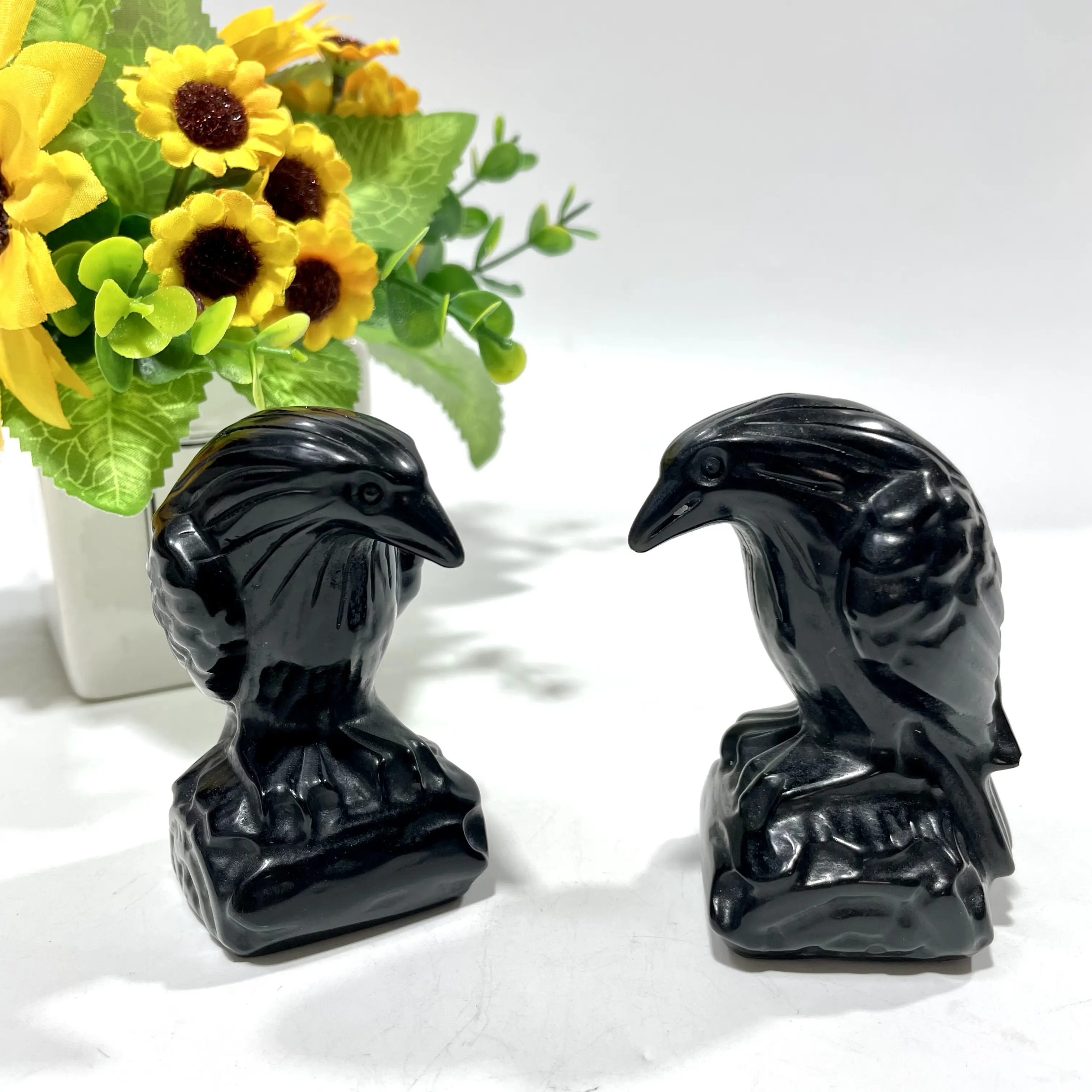 IG Crystal 2 Counts Halloween Big Black Obsidian Crow Crystal Carvings Healing Stone Home Decoration
