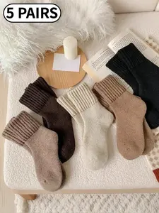5-Pair Pack Women's Winter Socks Warm Thickened Knit Soft Vintage Casual Fitted Boat Socks Fleece-Lined Socks Knit Socks