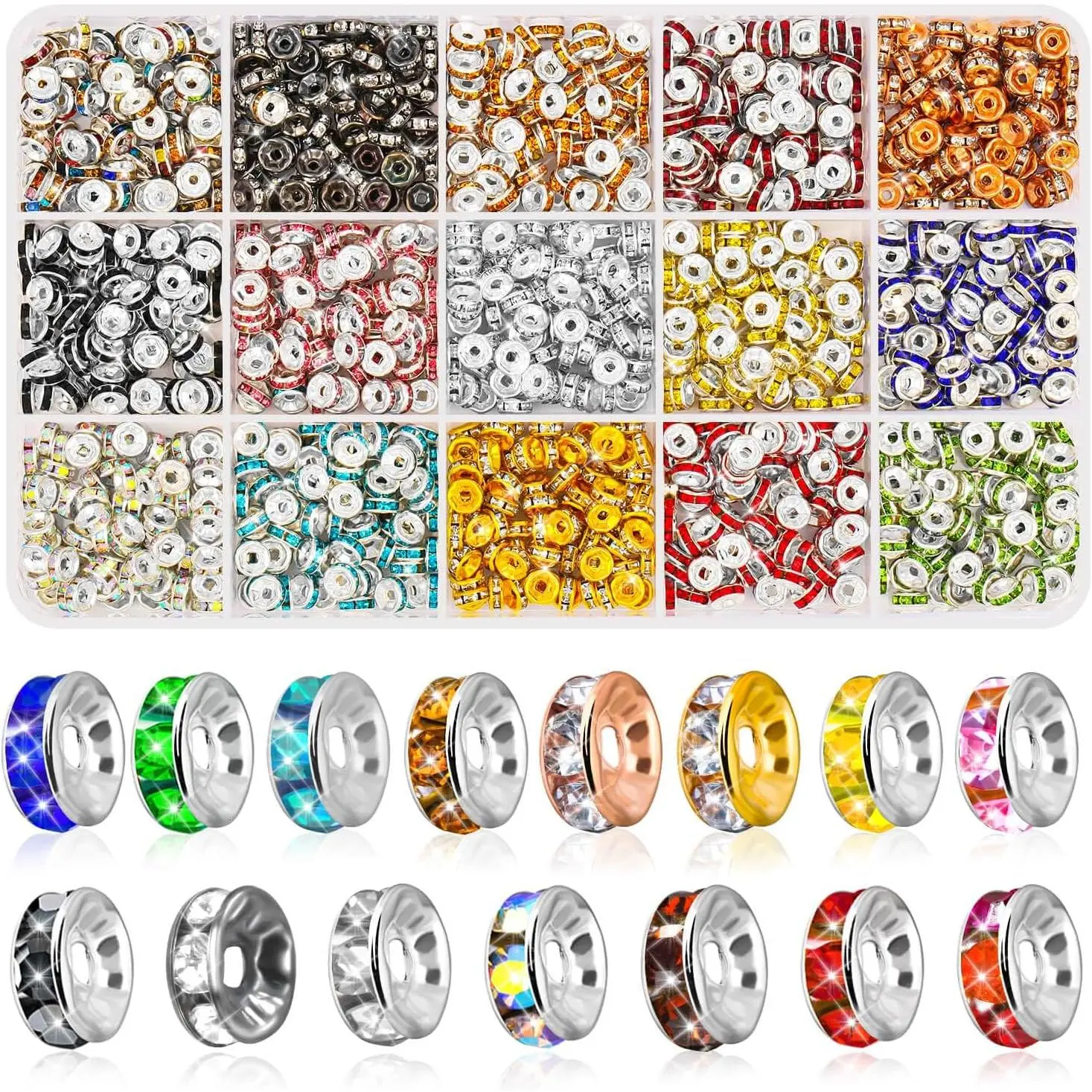 1200 count Rondelle Spacer Beads for  Making, 6mm Rhinestone Spacer Beads  Bead Spacers for Bracelets, Focal Beads for Pen, 15 Colors