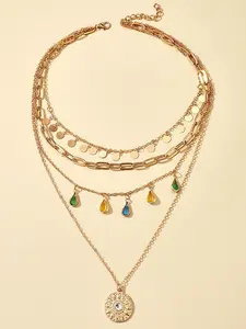 Geometric Round Alloy Water Drill Fringe Pendant Multi-Layer Y-Shape Fashion Chain Decorated Necklace, Exaggerated Design, European and American Style Jewelry