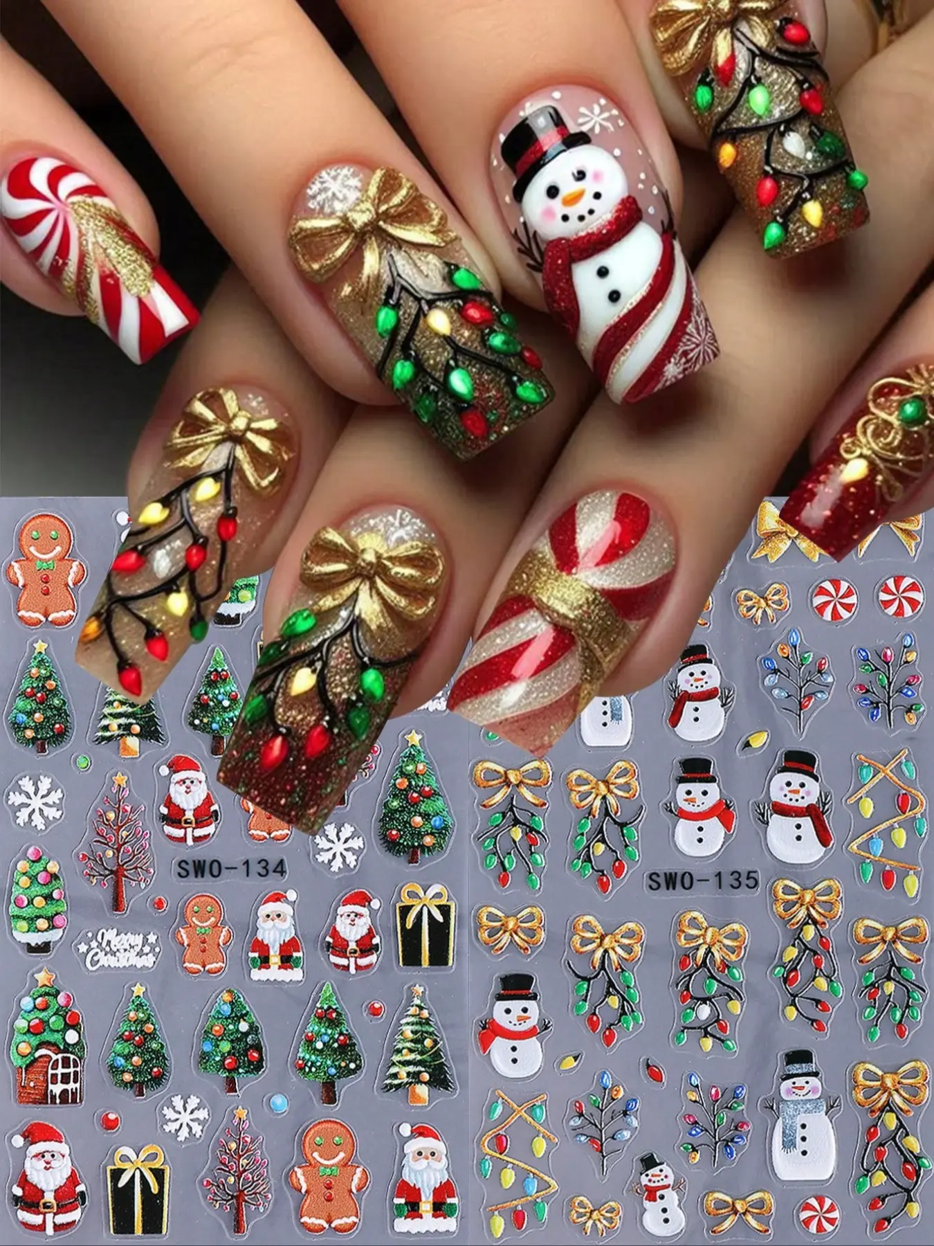 2pcs Gold Bow Holiday Gift Nail Stickers, 5D Embossed Gingerbread Man Snowman Santa Claus Tree, Self-Adhesive DIY Stickers