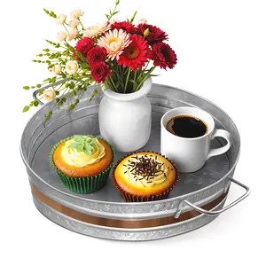 Plexon Metal Serving Tray, Galvanized Tray 12" D with Handles and Copper Decor Trim, Centerpiece Round Coffee Table Steel Silver Trays for Serving Indoor and Outdoor