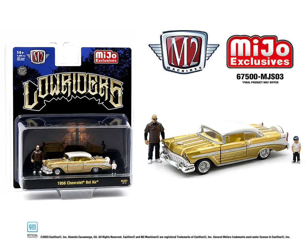 M2 Machines 1:64 Diorama Series 1956 Chevrolet Bel Air Lowriders with 2 Dad & Son Figures – Beige Gold – Mijo Exclusives