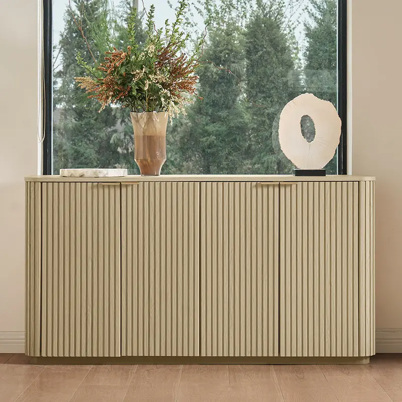 HULALA HOME Modern Curved Wood Cabinet with Elegant Storage Solution Unique Sculptural Form Vertical Stripe Texture Design Natural Wood Grain Finish Sturdy Metal Base Luxury Aesthetic