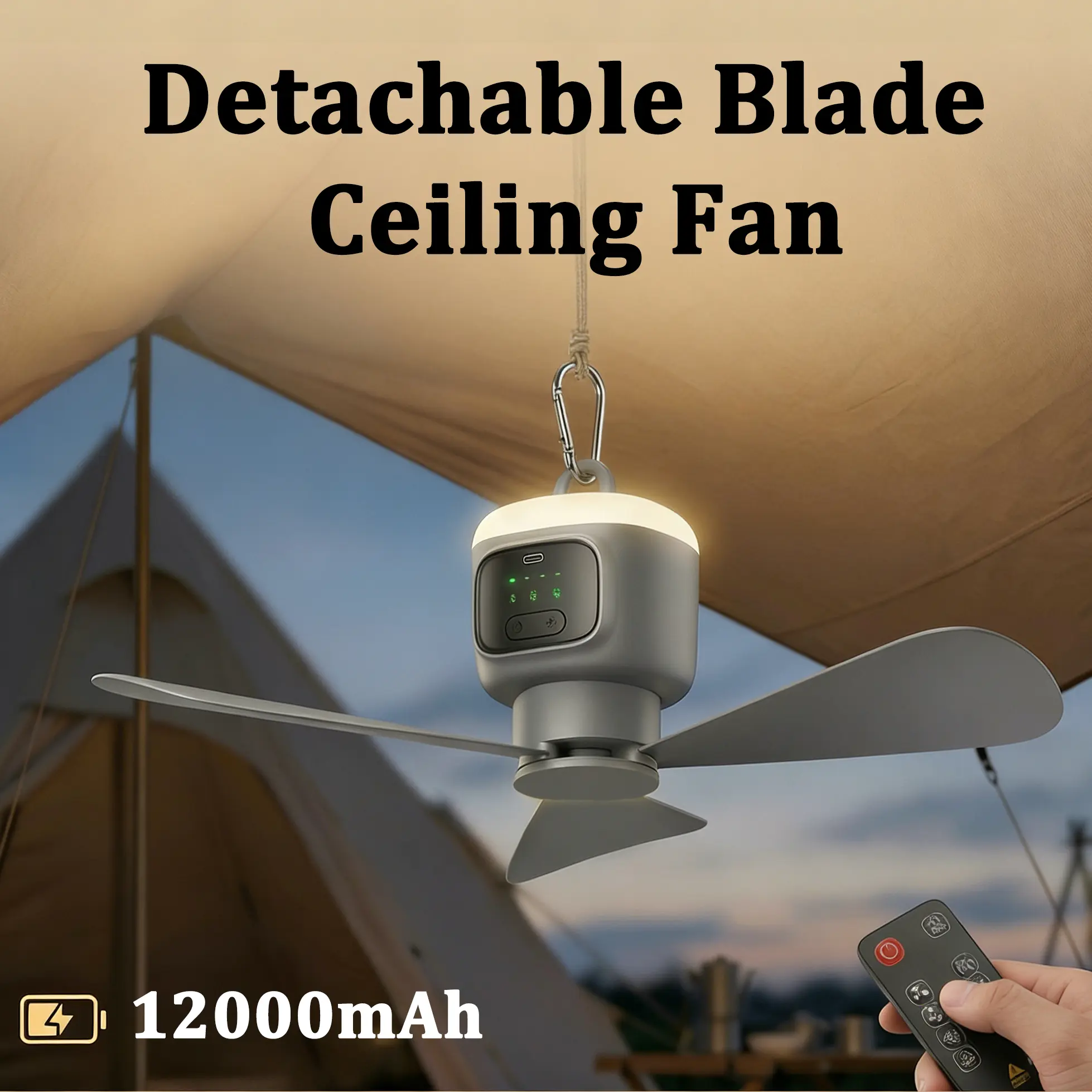 Outdoor camping ceiling fan, 12,000 mAh portable outdoor ceiling fan (with lighting), includes remote control and hook, extended blades, detachable blades. Easy-to-operate battery-powered fan light suitable for gazebos, tents, patios, and camping settings