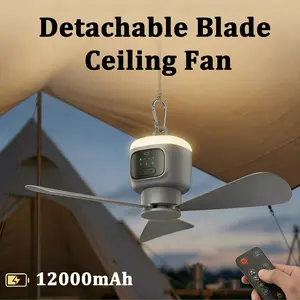 Outdoor camping ceiling fan, 12,000 mAh portable outdoor ceiling fan (with lighting), includes remote control and hook, extended blades, detachable blades. Easy-to-operate battery-powered fan light suitable for gazebos, tents, patios, and camping settings