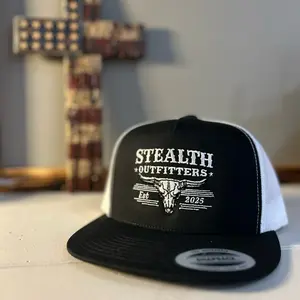 Stealth Outfitters White and black Trucker Hat yupong trucker with Bull Skull Logo and Flat Bill Design