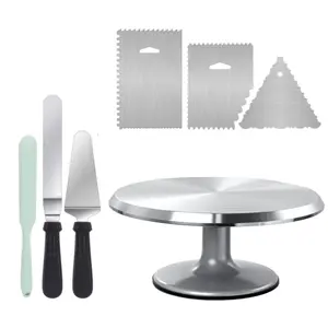 Cake Turntable Set, Aluminium 12'' Cake Decorating Kit Supplies Rotating Stand Revolving Spinner with 2 Icing Spatula 3 Stainless Steel Frosting Icing Smoother Perfect Gifts
