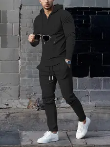 Men's Spring & Fall Fashion Waffle Zipper Pocket Hooded Jacket Set, Casual Fitted Long Sleeve Plain Design, Sporty Leisure, Sweatsuit With Pockets