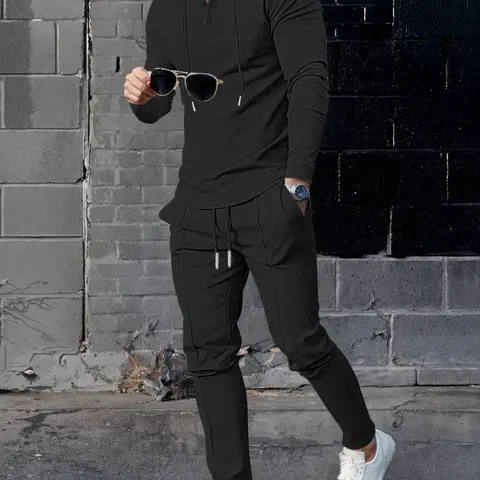 Men's Spring & Fall Fashion Waffle Zipper Pocket Hooded Jacket Set, Casual Fitted Long Sleeve Plain Design, Sporty Leisure, Casual Sportswear Outfit, Sweatsuit With Pockets, Casual Comfy Sporty