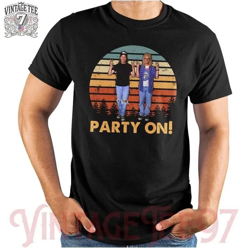 Wayne's World Party On Vintage T-Shirt – Classic throwback tee for fans of Wayne and Garth, perfect for 90s lovers and comedy fans. Party on, dude!