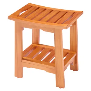 18-inch solid wood bathroom stool, featuring a wooden seat suitable for use in the shower and vanity area