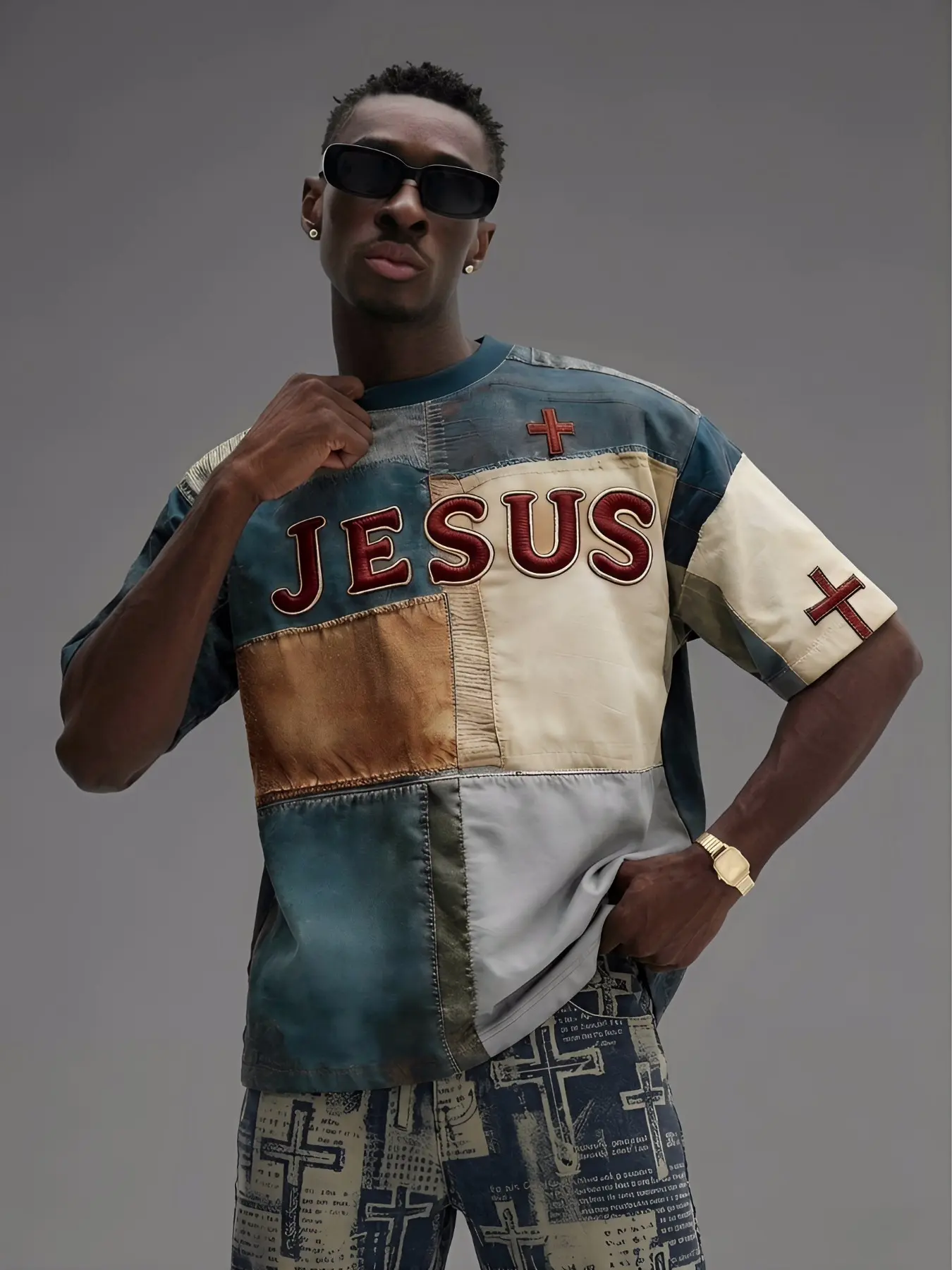 Men's JESUS Patchwork T-shirt, oversized color-block Print crew neck top with cross patch, vintage washed Christian street-style short sleeve, soft breathable casual faith-themed garment, Graphic, Streetwear, Menswear