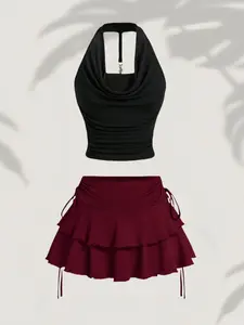 Summer Sexy Backless Crop Top with Metal Chain Buckle, High Waist Belted Dressy Mini Skirt Set, Two-Piece for Women